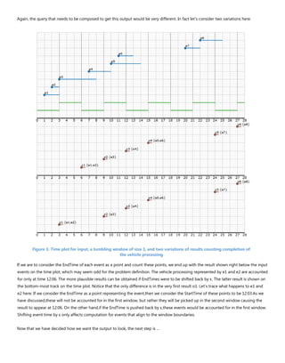 Again, the query that needs to be composed to get this output would be very different. In fact let's consider two variations here.
Figure 3. Time plot for input, a tumbling window of size 3, and two variations of results counting completion of
the vehicle processing
If we are to consider the EndTime of each event as a point and count these points, we end up with the result shown right below the input
events on the time plot, which may seem odd for the problem definition. The vehicle processing represented by e1 and e2 are accounted
for only at time 12:06. The more plausible results can be obtained if EndTimes were to be shifted back by ε. The latter result is shown on
the bottom-most track on the time plot. Notice that the only difference is in the very first result o1. Let’s trace what happens to e1 and
e2 here: If we consider the EndTime as a point representing the event,then we consider the StartTime of these points to be 12:03.As we
have discussed,these will not be accounted for in the first window, but rather they will be picked up in the second window causing the
result to appear at 12:06. On the other hand,if the EndTime is pushed back by ε,these events would be accounted for in the first window.
Shifting event time by ε only affects computation for events that align to the window boundaries.
Now that we have decided how we want the output to look, the next step is …
 