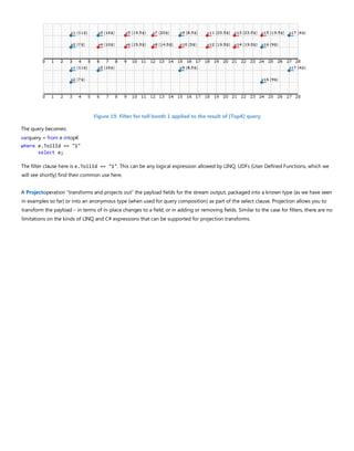 Figure 19. Filter for toll booth 1 applied to the result of [TopK] query
The query becomes:
varquery = from e intopK
where e.TollId == "1"
select e;
The filter clause here is e.TollId == "1". This can be any logical expression allowed by LINQ. UDFs (User Defined Functions, which we
will see shortly) find their common use here.
A Projectoperation “transforms and projects out” the payload fields for the stream output, packaged into a known type (as we have seen
in examples so far) or into an anonymous type (when used for query composition) as part of the select clause. Projection allows you to
transform the payload – in terms of in-place changes to a field, or in adding or removing fields. Similar to the case for filters, there are no
limitations on the kinds of LINQ and C# expressions that can be supported for projection transforms.
 