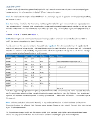 12.3Event “CRUD”
Of the familiar CRUD (Create, Read, Update, Delete) operations, only Create will resonate with users familiar with persisted storage or
messaging systems – the other operations are distinctly different in a streaming system.
Create: You use CreateInsertEvent() to create an INSERT event of a given shape, populate its application timestamp(s) and payload fields,
and enqueue the event.
Read: Recall from our introduction that the streaming model is very different from the query–response model seen in persisted systems.
There is no equivalent of a “row/tuple store” from which you can selectively read an event based on a tuple identifier. The only way you’d
“read” the exact event that you enqueued into a query is at the output of the query – assuming the query was a straight pass through, as
in:
varquery = from e in inputStream select e;
Update: StreamInsight events are immutable. Once an event is enqueued, there is no means to reach into the system and delete or
modify that specific enqueued event in-place in the stream.
The only event model that supports a semblance of an update is the Edge Event. This is demonstrated in Figure 23 Edge Event, and
shown in this table below. You can enqueue a start edge event with EndTime ∞ and then submit an end edge event with a modified end
time. Then you can submit another start edge in a gapless manner with the new payload value. A sequence of such start and end edge
events mimics the behavior of a step function, or an AD convertor.
EventKind Event Edge StartTime EndTime Payload Comment
INSERT e1 Start 12:01 ∞ 1
INSERT e1 End 12:01 12:03 1 Same start time and payload value as e1
INSERT e2 Start 12:03 ∞ 2
INSERT e2 End 12:03 12:06 2 -- ditto for e2 --
INSERT e3 Start 12:06 ∞ 1
INSERT e3 End 12:06 12:08 1
INSERT e4 Start 12:08 ∞ 3
INSERT e4 End 12:08 12:11 3
INSERT e5 Start 12:11 ∞ 2
INSERT e5 End 12:11 12:13 2
INSERT e6 Start 12:13 ∞ 4
… and so on…
Inside the query processing engine, StreamInsight supports RETRACT and EXPAND events. These events are not exposed to the external
user. The only time you will confront these events is while examining a query plan from the Event Flow Debugger. Event retraction and
expansion, and the related operators responsible for cleaning up these events – CLEANSEINPUT and CLEANSE – is outside the scope of
this document.
Delete: Similar to update, there is no concept of deleting an enqueued event. The closest equivalent to a Delete operation is the
ReleaseEvent() method. You will invoke this in the output adapter after you Dequeue an event and copy the results to the event structure
in your local/managed memory.
This short digression on event models and structures is a prelude to the main topic in this chapter – which is to understand stream
behavior and query advancement. This is also the final step to consider in completing the query development process.
 