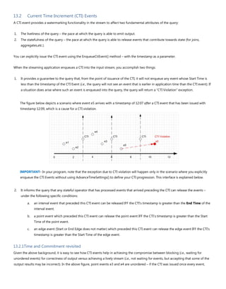 13.2 Current Time Increment (CTI) Events
A CTI event provides a watermarking functionality in the stream to affect two fundamental attributes of the query:
1. The liveliness of the query – the pace at which the query is able to emit output.
2. The statefulness of the query – the pace at which the query is able to release events that contribute towards state (for joins,
aggregates,etc.).
You can explicitly issue the CTI event using the EnqueueCtiEvent() method – with the timestamp as a parameter.
When the streaming application enqueues a CTI into the input stream, you accomplish two things:
1. It provides a guarantee to the query that, from the point of issuance of the CTI, it will not enqueue any event whose Start Time is
less than the timestamp of the CTI Event (i.e., the query will not see an event that is earlier in application time than the CTI event). If
a situation does arise where such an event is enqueued into the query, the query will return a “CTI Violation” exception.
The figure below depicts a scenario where event e5 arrives with a timestamp of 12:07 after a CTI event that has been issued with
timestamp 12:09, which is a cause for a CTI violation.
IMPORTANT– In your program, note that the exception due to CTI violation will happen only in the scenario where you explicitly
enqueue the CTI Events without using AdvanceTimeSettings() to define your CTI progression. This interface is explained below.
2. It informs the query that any stateful operator that has processed events that arrived preceding the CTI can release the events –
under the following specific conditions:
a. an interval event that preceded this CTI event can be released IFF the CTI's timestamp is greater than the End Time of the
interval event.
b. a point event which preceded this CTI event can release the point event IFF the CTI's timestamp is greater than the Start
Time of the point event.
c. an edge event (Start or End Edge does not matter) which preceded this CTI event can release the edge event IFF the CTI's
timestamp is greater than the Start Time of the edge event.
13.2.1Time and Commitment revisited
Given the above background, it is easy to see how CTI events help in achieving the compromise between blocking (i.e., waiting for
unordered events) for correctness of output versus achieving a lively stream (i.e., not waiting for events, but accepting that some of the
output results may be incorrect). In the above figure, point events e3 and e4 are unordered – if the CTI was issued once every event,
 