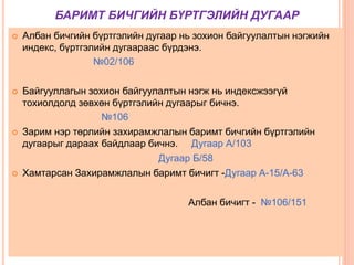 БАРИМТ БИЧГИЙН БҮРТГЭЛИЙН ДУГААР
 Албан бичгийн бүртгэлийн дугаар нь зохион байгуулалтын нэгжийн
индекс, бүртгэлийн дугаараас бүрдэнэ.
№02/106
 Байгууллагын зохион байгуулалтын нэгж нь индексжээгүй
тохиолдолд зөвхөн бүртгэлийн дугаарыг бичнэ.
№106
 Зарим нэр төрлийн захирамжлалын баримт бичгийн бүртгэлийн
дугаарыг дараах байдлаар бичнэ. Дугаар А/103
Дугаар Б/58
 Хамтарсан Захирамжлалын баримт бичигт -Дугаар А-15/А-63
Албан бичигт - №106/151
 