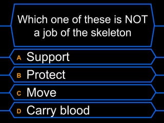 Which one of these is NOT a job of the skeleton A  Support B  Protect C  Move D  Carry blood 