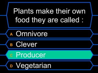 Plants make their own food they are called : A  Omnivore B  Clever C  Producer D  Vegetarian 