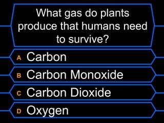 What gas do plants produce that humans need to survive? A  Carbon B  Carbon Monoxide C  Carbon Dioxide D  Oxygen 
