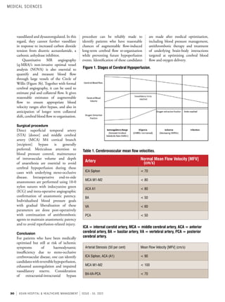 30 ASIAN HOSPITAL & HEALTHCARE MANAGEMENT ISSUE - 55, 2022
vasodilated and dysautoregulated. In this
regard, they cannot further vasodilate
in response to increased carbon dioxide
tension from diuretic acetazolamide, a
carbonic anhydrase inhibitor.
Quantitative MR angiography
(q-MRA)’s non-invasive optimal vessel
analysis (NOVA) is also essential to
quantify and measure blood flow
through large vessels of the Circle of
Willis (Figure 3b). Together with formal
cerebral angiography, it can be used to
estimate pial and collateral flow. It gives
reasonable estimates of augmentable
flow to ensure appropriate blood
velocity ranges after bypass, and also in
anticipation of longer term collateral
shift, cerebral blood flow re-organisation.
Surgical procedure
Direct superficial temporal artery
(STA) [donor] and middle cerebral
artery (MCA) M4 cortical branch
[recipient] bypass is generally
preferred. Meticulous attention to
blood pressure control, maintenance
of intravascular volume and depth
of anaesthesia are essential to avoid
cerebral hypoperfusion during these
cases with underlying steno-occlusive
disease. Intraoperative end-to-side
anastomoses are performed using 10-0
nylon sutures with indocyanine green
(ICG) and intra-operative angiographic
confirmation of anastomotic patency.
Individualised blood pressure goals
with gradual liberalisation of these
parameters are done post-operatively
with continuation of antithrombotic
agents to maintain anastomotic patency
and to avoid reperfusion-related injury.
Conclusion
For patients who have been medically
optimised but still at risk of ischemic
symptoms of haemodynamic
insufficiency due to steno-occlusive
cerebrovascular disease, one can identify
candidateswithreversiblehypoperfusion,
exhausted autoregulation and impaired
vasodilatory reserve. Consideration
of extracranial-intracranial bypass
Artery Normal Mean Flow Velocity [MFV]
(cm/s)
ICA Siphon < 70
MCA M1-M2 < 80
ACA A1 < 80
BA < 50
VA < 60
PCA < 50
Arterial Stenosis (50 per cent) Mean Flow Velocity [MFV] (cm/s)
ICA Siphon, ACA (A1) < 90
MCA M1-M2 < 100
BA-VA-PCA < 70
Figure 1. Stages of Cerebral Hypoperfusion.
Table 1. Cerebrovascular mean flow velocities.
ICA = internal carotid artery, MCA = middle cerebral artery, ACA = anterior
cerebral artery, BA = basilar artery, VA = vertebral artery, PCA = posterior
cerebral artery.
procedure can be reliably made to
identify patients who have reasonable
chances of augmentable flow-induced
long-term cerebral flow re-organisation
while preventing future hypoperfusion
events. Identification of these candidates
are made after medical optimisation,
including blood pressure management,
antithrombotic therapy and treatment
of underlying brain-body interactions
targeted at optimising cerebral blood
flow and oxygen delivery.
MEDICAL SCIENCES
 
