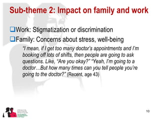 Sub-theme 2: Impact on family and work Work: Stigmatization or discrimination Family: Concerns about stress, well-being “ I mean, if I get too many doctor’s appointments and I’m booking off lots of shifts, then people are going to ask questions. Like, “Are you okay?” “Yeah, I’m going to a doctor…But how many times can you tell people you’re going to the doctor?”  (Recent, age 43)  