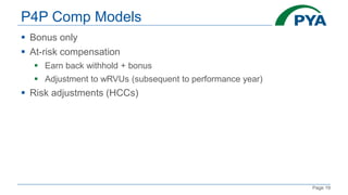 Page 19
P4P Comp Models
 Bonus only
 At-risk compensation
 Earn back withhold + bonus
 Adjustment to wRVUs (subsequent to performance year)
 Risk adjustments (HCCs)
 