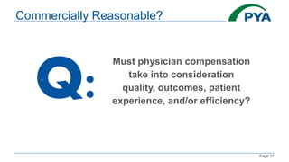 Page 21
Q:
Must physician compensation
take into consideration
quality, outcomes, patient
experience, and/or efficiency?
Commercially Reasonable?
 