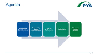 Page 2
Agenda
Compliance
Considerations
Productivity-
Based
Compensation
Pay for
Performance
Gainsharing
Alternative
Payment
Models
 