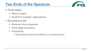 Page 8
Two Ends of the Spectrum
 Fixed salary
 Retire in place
 Small # of “prestige” organizations
 Eat what you kill
 Revenue minus expenses
 Percentage of revenue
 Productivity
 Work Relative Value Units (wRVUs) x conversion factor
 