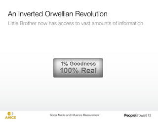 An Inverted Orwellian Revolution
Little Brother now has access to vast amounts of information 




                  Social Media and Inﬂuence Measurement
     | 12
 