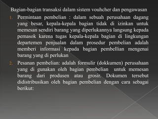 Bagian-bagian transaksi dalam sistem vouhcher dan pengawasan
1. Permintaan pembelian : dalam sebuah perusahaan dagang
   yang besar, kepala-kepala bagian tidak di izinkan untuk
   memesan sendiri barang yang diperlukannya langsung kepada
   pemasok karena tugas kepala-kepala bagian di lingkungan
   departemen penjualan dalam prosedur pembelian adalah
   memberi informasi kepada bagian pembellian mengenai
   barang yang di perlukan
2. Pesanan pembelian: adalah formulir (dokkumen) perusahaan
   yang di gunakan oleh bagian pembelian untuk memesan
   barang dari produsen atau grosir. Dokumen tersebut
   didistribusikan oleh bagian pembelian dengan cara sebagai
   berikut:
 