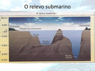 O relevo submarino
• Dorsais mesoceânicas: áreas de maior
  intensidade das atividades vulcânica e tectônica.

• Zonas abissais: Localizadas a partir dos 5 mil
  metros de profundidade, “escorregando” nas
  laterais das dorsais mesoceânicas e nascendo do
  encontro de duas placas tectônicas.
 