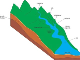 Os caminhos (divisões) de um rio
• Nascente: lugar onde o rio nasce;
• Curso: o caminho que o rio percorre;
• Foz: local onde despeja suas águas;
• Leito: canal por onde o rio corre;
• Montante: sentindo de sua nascente;
• Jusante: sentido de sua foz;
• Meandros: curvas de um rio, naturalmente de cima para
  baixo;
• Várzeas (planícies fluviais): acúmulo de materiais em suas
  margens;
• Afluentes: rios ou cursos de água que desaguam em rios
  principais.
• Rede hidrográfica: o conjunto de um rio e seus afluentes.
 