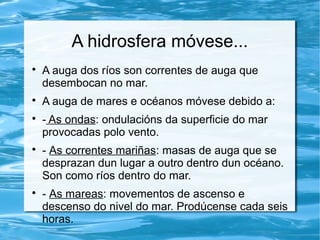 A hidrosfera móvese...

A auga dos ríos son correntes de auga que
desembocan no mar.

A auga de mares e océanos móvese debido a:

- As ondas: ondulacións da superficie do mar
provocadas polo vento.

- As correntes mariñas: masas de auga que se
desprazan dun lugar a outro dentro dun océano.
Son como ríos dentro do mar.

- As mareas: movementos de ascenso e
descenso do nivel do mar. Prodúcense cada seis
horas.
 