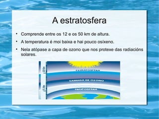 A estratosfera

Comprende entre os 12 e os 50 km de altura.

A temperatura é moi baixa e hai pouco osíxeno.

Nela atópase a capa de ozono que nos protexe das radiacións
solares.
 