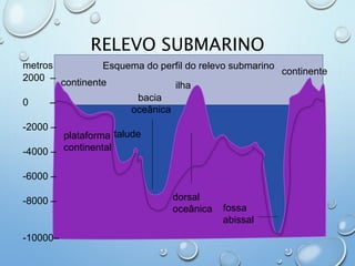 RELEVO SUBMARINO
continente
continente
Esquema do perfil do relevo submarino
ilha
bacia
oceânica
taludeplataforma
continental
dorsal
oceânica fossa
abissal
metros
2000 –
0 –
-2000 –
-4000 –
-6000 –
-8000 –
-10000–
 