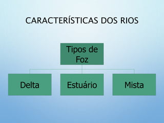 CARACTERÍSTICAS DOS RIOS
Tipos de
Foz
Delta Estuário Mista
 
