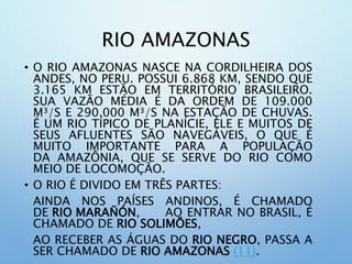 RIO AMAZONAS
• O RIO AMAZONAS NASCE NA CORDILHEIRA DOS
ANDES, NO PERU. POSSUI 6.868 KM, SENDO QUE
3.165 KM ESTÃO EM TERRITÓRIO BRASILEIRO.
SUA VAZÃO MÉDIA É DA ORDEM DE 109.000
M³/S E 290.000 M³/S NA ESTAÇÃO DE CHUVAS.
É UM RIO TÍPICO DE PLANÍCIE, ELE E MUITOS DE
SEUS AFLUENTES SÃO NAVEGÁVEIS, O QUE É
MUITO IMPORTANTE PARA A POPULAÇÃO
DA AMAZÔNIA, QUE SE SERVE DO RIO COMO
MEIO DE LOCOMOÇÃO.
• O RIO É DIVIDO EM TRÊS PARTES:
AINDA NOS PAÍSES ANDINOS, É CHAMADO
DE RIO MARAÑÓN, AO ENTRAR NO BRASIL, É
CHAMADO DE RIO SOLIMÕES,
AO RECEBER AS ÁGUAS DO RIO NEGRO, PASSA A
SER CHAMADO DE RIO AMAZONAS (11).
 