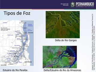 Tipos de Foz
Delta/Estuário do Rio do Amazonas
Delta do Rio Ganges
Estuário do Rio Paraíba
Imagens:
(a)
Terra
Brasilis
/
Creative
Commons
-
Atribuição
-
Partilha
nos
Mesmos
Termos
3.0
Não
Adaptada
,
(b)
(b)
NASA
/
Public
Domain
e
(c)
NASA
/
Public
Domain.
 