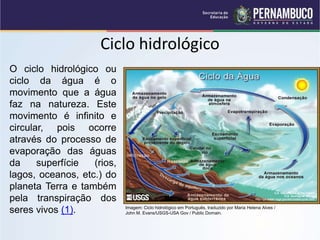 Ciclo hidrológico
O ciclo hidrológico ou
ciclo da água é o
movimento que a água
faz na natureza. Este
movimento é infinito e
circular, pois ocorre
através do processo de
evaporação das águas
da superfície (rios,
lagos, oceanos, etc.) do
planeta Terra e também
pela transpiração dos
seres vivos (1). Imagem: Ciclo hidrológico em Português, traduzido por Maria Helena Alves /
John M. Evans/USGS-USA Gov / Public Domain.
 