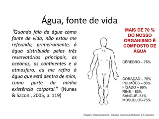 Água, fonte de vida
“Quando falo da água como
fonte de vida, não estou me
referindo, primeiramente, à
água distribuída pelos três
reservatórios principais, os
oceanos, os continentes e a
atmosfera, eu me refiro à
água que está dentro de mim,
como parte da minha
existência corporal.” (Nunes
& Saconi, 2005, p. 119)
MAIS DE 70 %
DO NOSSO
ORGANISMO É
COMPOSTO DE
ÁGUA
CÉREBRO – 75%
CORAÇÃO – 75%
PULMÕES – 86%
FÍGADO – 86%
RINS – 83%
SANGUE- 81%
MÚSCULOS-75%
Imagem: Osteomyoamare / Creative Commons Attribution 3.0 Unported.
 