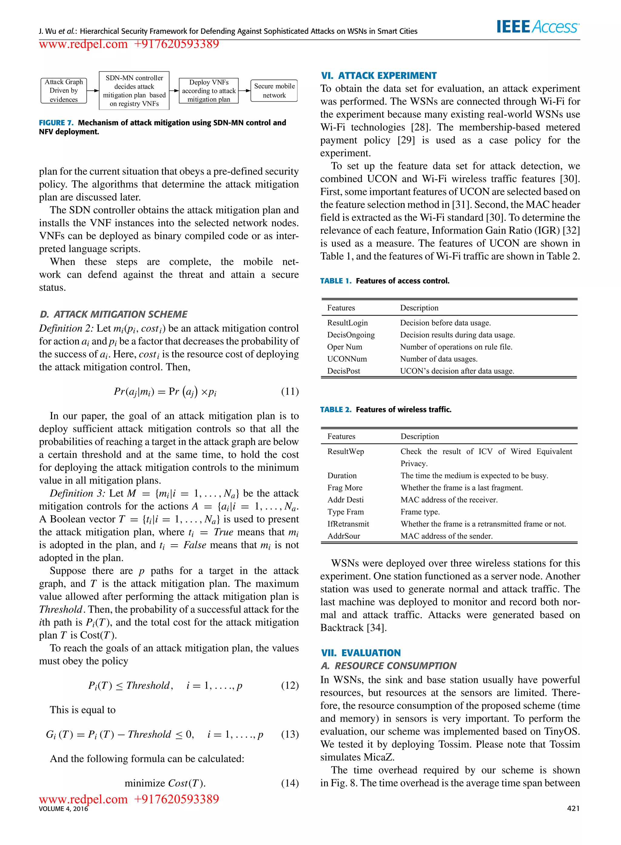 J. Wu et al.: Hierarchical Security Framework for Defending Against Sophisticated Attacks on WSNs in Smart Cities
FIGURE 7. Mechanism of attack mitigation using SDN-MN control and
NFV deployment.
plan for the current situation that obeys a pre-deﬁned security
policy. The algorithms that determine the attack mitigation
plan are discussed later.
The SDN controller obtains the attack mitigation plan and
installs the VNF instances into the selected network nodes.
VNFs can be deployed as binary compiled code or as inter-
preted language scripts.
When these steps are complete, the mobile net-
work can defend against the threat and attain a secure
status.
D. ATTACK MITIGATION SCHEME
Deﬁnition 2: Let mi(pi, costi) be an attack mitigation control
for action ai and pi be a factor that decreases the probability of
the success of ai. Here, costi is the resource cost of deploying
the attack mitigation control. Then,
Pr(aj|mi) = Pr aj ×pi (11)
In our paper, the goal of an attack mitigation plan is to
deploy sufﬁcient attack mitigation controls so that all the
probabilities of reaching a target in the attack graph are below
a certain threshold and at the same time, to hold the cost
for deploying the attack mitigation controls to the minimum
value in all mitigation plans.
Deﬁnition 3: Let M = {mi|i = 1, . . . , Na} be the attack
mitigation controls for the actions A = {ai|i = 1, . . . , Na.
A Boolean vector T = {ti|i = 1, . . . , Na} is used to present
the attack mitigation plan, where ti = True means that mi
is adopted in the plan, and ti = False means that mi is not
adopted in the plan.
Suppose there are p paths for a target in the attack
graph, and T is the attack mitigation plan. The maximum
value allowed after performing the attack mitigation plan is
Threshold. Then, the probability of a successful attack for the
ith path is Pi(T), and the total cost for the attack mitigation
plan T is Cost(T).
To reach the goals of an attack mitigation plan, the values
must obey the policy
Pi(T) ≤ Threshold, i = 1, . . . ., p (12)
This is equal to
Gi (T) = Pi (T) − Threshold ≤ 0, i = 1, . . . ., p (13)
And the following formula can be calculated:
minimize Cost(T). (14)
VI. ATTACK EXPERIMENT
To obtain the data set for evaluation, an attack experiment
was performed. The WSNs are connected through Wi-Fi for
the experiment because many existing real-world WSNs use
Wi-Fi technologies [28]. The membership-based metered
payment policy [29] is used as a case policy for the
experiment.
To set up the feature data set for attack detection, we
combined UCON and Wi-Fi wireless trafﬁc features [30].
First, some important features of UCON are selected based on
the feature selection method in [31]. Second, the MAC header
ﬁeld is extracted as the Wi-Fi standard [30]. To determine the
relevance of each feature, Information Gain Ratio (IGR) [32]
is used as a measure. The features of UCON are shown in
Table 1, and the features of Wi-Fi trafﬁc are shown in Table 2.
TABLE 1. Features of access control.
TABLE 2. Features of wireless traffic.
WSNs were deployed over three wireless stations for this
experiment. One station functioned as a server node. Another
station was used to generate normal and attack trafﬁc. The
last machine was deployed to monitor and record both nor-
mal and attack trafﬁc. Attacks were generated based on
Backtrack [34].
VII. EVALUATION
A. RESOURCE CONSUMPTION
In WSNs, the sink and base station usually have powerful
resources, but resources at the sensors are limited. There-
fore, the resource consumption of the proposed scheme (time
and memory) in sensors is very important. To perform the
evaluation, our scheme was implemented based on TinyOS.
We tested it by deploying Tossim. Please note that Tossim
simulates MicaZ.
The time overhead required by our scheme is shown
in Fig. 8. The time overhead is the average time span between
VOLUME 4, 2016 421
www.redpel.com +917620593389
www.redpel.com +917620593389
 