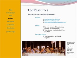 Title        The Resources
Introduction
                 Here are some useful Resources:
    Task
                         Internet:
  Process                            1. http://arthistory.about.com/
                                     2. http://www.arthistory.net/
 Resources                           3. http://smarthistory.khanacademy.org/
 Evaluation              Books:
                                     1.You may use any of the art history
 Conclusion                             books in the school library.
                                     2. You may also use the textbook from
[Teacher Page]                          our class.

                         Other Resources:
                                    1. You may use any Art History
                                       magazine.


                                                                               Leonardo da Vinci
                                                                               The Last Supper,
                                                                               1498.

                                                                               Original Located
                                                                               at Santa Maria
                                                                               Delle Grazie-
                                                                               Milan, Italy.

                                                                               Photograph from
                                                                               AllPosters.com
 