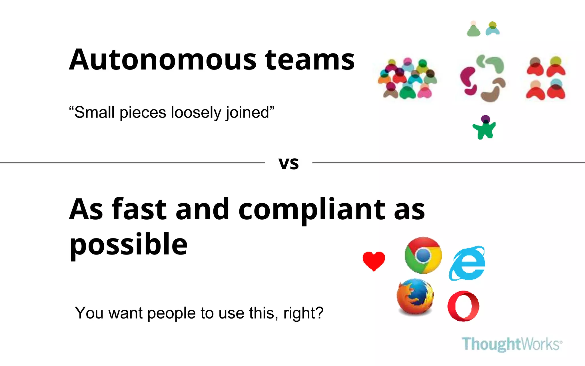 Autonomous teams
As fast and compliant as
possible
“Small pieces loosely joined”
You want people to use this, right?
vs
 