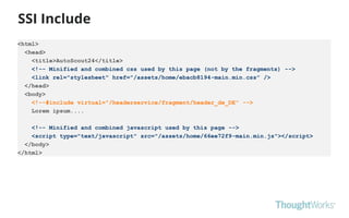 SSI Include
<html>
<head>
<title>AutoScout24</title>
<!-- Minified and combined css used by this page (not by the fragments) -->
<link rel="stylesheet" href="/assets/home/ebacb8194-main.min.css" />
</head>
<body>
<!--#include virtual="/headerservice/fragment/header_de_DE" -->
Lorem ipsum....
<!-- Minified and combined javascript used by this page -->
<script type="text/javascript" src="/assets/home/66ee72f9-main.min.js"></script>
</body>
</html>
 