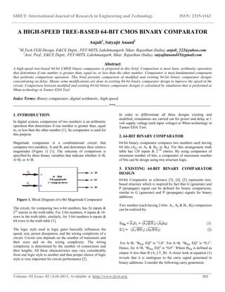 IJRET: International Journal of Research in Engineering and Technology ISSN: 2319-1163
__________________________________________________________________________________________
Volume: 02 Issue: 02 | Feb-2013, Available @ http://www.ijret.org 201
A HIGH-SPEED TREE-BASED 64-BIT CMOS BINARY COMPARATOR
Anjuli1
, Satyajit Anand2
1
M.Tech.VLSI Design, E&CE Deptt., FET-MITS, Lakshmangarh, Sikar, Rajasthan (India), anjuli_222@yahoo.com
2
Asst. Prof., E&CE Deptt., FET-MITS, Lakshmangarh, Sikar, Rajasthan (India), satyajitanand45@gmail.com
Abstract
A high-speed tree-based 64-bit CMOS binary comparator is proposed in this brief. Comparison is most basic arithmetic operation
that determines if one number is greater than, equal to, or less than the other number. Comparator is most fundamental component
that performs comparison operation. This brief presents comparison of modified and existing 64-bit binary comparator designs
concentrating on delay. Means some modifications are done in existing 64-bit binary comparator design to improve the speed of the
circuit. Comparison between modified and existing 64-bit binary comparator designs is calculated by simulation that is performed at
90nm technology in Tanner EDA Tool.
Index Terms: Binary comparator, digital arithmetic, high-speed
-----------------------------------------------------------------------***-----------------------------------------------------------------------
1. INTRODUCTION
In digital system, comparison of two numbers is an arithmetic
operation that determines if one number is greater than, equal
to, or less than the other number [1]. So comparator is used for
this purpose.
Magnitude comparator is a combinational circuit that
compares two numbers, A and B, and determines their relative
magnitudes (Figure 1) [1]. The outcome of comparison is
specified by three binary variables that indicate whether A>B,
A=B, or A<B.
Figure 1. Block Diagram of n-Bit Magnitude Comparator
The circuit, for comparing two n-bit numbers, has 2n inputs &
22n
entries in the truth table. For 2-bit numbers, 4-inputs & 16-
rows in the truth table, similarly, for 3-bit numbers 6-inputs &
64-rows in the truth table [1].
The logic style used in logic gates basically influences the
speed, size, power dissipation, and the wiring complexity of a
circuit. Circuit size depends on the number of transistors and
their sizes and on the wiring complexity. The wiring
complexity is determined by the number of connections and
their lengths. All these characteristics may vary considerably
from one logic style to another and thus proper choice of logic
style is very important for circuit performance [2].
In order to differentiate all three designs existing and
modified, simulations are carried out for power and delay at 1
volt supply voltage (and input voltage) at 90nm technology in
Tanner EDA Tool.
2. 64-BIT BINARY COMPARATOR
64-bit binary comparator compares two numbers each having
64 bits (A63 to A0 & B63 to B0). For this arrangement truth
table has 128 inputs & 2128
entries. By using comparator of
minimum number of bits, a comparator of maximum number
of bits can be design using tree structure logic.
3. EXISTING 64-BIT BINARY COMPARATOR
DESIGN
64-bit Comparator in reference [3], [4], [5] represents tree-
based structure which is inspired by fact that G (generate) and
P (propagate) signal can be defined for binary comparisons,
similar to G (generate) and P (propagate) signals for binary
additions.
Two number (each having 2-bits: A1, A0 & B1, B0) comparison
can be realized by:
For A<B, ―BBig, EQ‖ is ―1,0‖. For A=B, ―BBig, EQ‖ is ―0,1‖.
Hence, for A>B, ―BBig, EQ‖ is ―0,0‖. Where BBig is defined as
output A less than B (A_LT_B). A closer look at equation (1)
reveals that it is analogous to the carry signal generated in
binary additions. Consider the following carry generation:
 