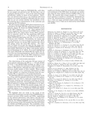 6 Silverman et al.
(Zahid et al. 2014) based on [NII]λ6585/Hα, with data
for our sample over-plotted in red. We ﬁnd that 4 out of
6 galaxies (having errors < ±0.2 on the ratio) have high
metallicities, similar to those of local galaxies. There-
fore, our derived values of αCO are consistent with local
galaxies of a similar metallicity, although with the caveat
that we are not certain whether the metallicity of the
line-emitting gas is representative of the molecular gas
producing the CO emission.
We also examine whether AGN photo-ionization is con-
tributing to the high [NII]/Hα ratios seen in some of our
galaxies. Figure 4b, shows the FMOS-COSMOS version
of the BPT diagram at z ∼ 1.6. Four galaxies have
all key diagnostic lines detected by FMOS. None of our
galaxies fall in the region where strong AGN contribu-
tion is expected, above the line separating AGN from
star-forming galaxies at z ∼ 1.6 (Kewley et al. 2013).
While PACS-819 approaches this line, it is not detected
in X-rays with Chandra. Nevertheless, we cannot rule
out the presence of a low-to-moderate luminosity AGN,
especially because its strong [NII] emission also drives
this galaxy above the local MZ relation. For refer-
ence, in Figure 4b we plot the data for the larger star-
forming galaxy population from FMOS-COSMOS (grey
data points; Silverman et al. 2014), with further discus-
sion in Kartaltepe et al. (2015). It is worth highlighting
that both PACS-830 and PACS-299 fall within the lo-
cus of the star-forming population, clearly oﬀset towards
a higher ionization state of the ISM compared to local
galaxies (Steidel et al. 2014; Kartaltepe et al. 2015).
4. CONCLUDING REMARKS
Our observations of the molecular CO gas content of
seven galaxies well-above the MS at z ∼ 1.6 with ALMA
in Cycle 1 and IRAM/PdBI establish an oﬀset in the
L′
CO −LTIR relation for starbursts at high redshift, com-
pared to MS galaxies, although less than expected from
previous studies mainly at lower redshift. These results
may be indicative of a continuous distribution in SFE
at high redshift, as a function of distance from the star-
forming MS, as opposed to a bi-modal distribution.
An appealing physical explanation for a decrease in the
L′
CO/LTIR ratio for galaxies well-above the MS is galaxy
mergers that can lead to rapid gas compression hence
eﬀectively boosting star formation resulting in shorter
gas depletion timescales. Several galaxies well-above the
MS are indeed in a merger phase (Rodighiero et al. 2011;
Wuyts et al. 2011). Within the present sample, hints of
merging come from the presence of multiple UV/optical
emitting regions (e.g., in PACS-819, PACS-830, PACS-
867), even being in a kinematically-linked system (PACS-
164).
We highlight that our study is the result of the
broad multi-wavelength coverage of the COSMOS ﬁeld to
measure accurate stellar masses and SFRs, capitalizing
on the infrared photometry with Spitzer and Herschel.
Equally important, accurate spectroscopic redshifts pro-
vided by the FMOS-COSMOS survey have guaranteed
that the location of the CO emission lines fall well within
the ALMA and PdBI passbands. The availability of key
diagnostic emission lines in the rest-frame optical band
enable us to further assess the ionization state and chem-
ical enrichment of the ISM where we already see similar-
ities with the inner regions of local ULIRGs (Rich et al.
2014). We concede that a larger sample of z ∼ 1.6 star-
burst galaxies is needed to conclusively distinguish be-
tween the aforementioned scenarios. As shown in Fig-
ure 1, there are many potential targets within the red-
shift range 1.4 to 1.7 that can be observed by both FMOS
and ALMA.
REFERENCES
B´ethermin, M., Daddi, E., Magdis, G., et al. 2015,˚a, 573, A113
Bouch´e, N., Dekel, A., Genzel, R., et al. 2010, ApJ, 718, 1001
Bruzual, G., & Charlot, S. 2003, MNRAS, 344, 1000
Daddi, E., Dickinson, M., Morrison, G. et al. 2007, ApJ, 670, 156
Daddi, E., Bournaud, F., Walter, F. et al. 2010a, ApJ, 713, 686
Daddi, E., Elbaz, D., Walter, F. et al. 2010b, ApJ, 714, L118
Downes, D., & Solomon, P. M. 1998, ApJ, 507, 615
Elbaz, D., Daddi, E., Le Borgne, D. et al. 2007, ˚a, 468, 33
Genzel, R., Tacconi, L. J., Gracia-Carpio, J., et al. 2010,
MNRAS, 407, 2091
Genzel, R., Tacconi, L. J., Combes, F., et al. 2012, ApJ, 746, 69
Genzel, R., Tacconi, L. J., Lutz, D., et al. 2015, ApJ, 800, 20
Kartaltepe, J. Sanders, D. B., Silverman, J. D. et al., ApJ, in
press
Kashino, D., Silverman, J., Rodighiero, G. et al. ApJ, 777, L8
Kewley, L., Dopita, M., Leitherer, C., et al. 2013, ApJ, 774, 100
Lilly, S. J., Carollo, C. M., Pipino, A., 2013, ApJ, 772, 119
Lilly, S. J., Le F`evre, O., Renzini, A., et al. 2013, ApJ, 772, 119
Madau, P., & Dickinson, M. 2014, ARA&A, 52, 415
Magdis, G. E., Daddi, E., B´ethermin, M. 2012, ApJ, 760, 6
Narayanan, D., Krumholz, M., Ostriker, E. C., & Hernquist, L.
2011, MNRAS, 418, 664
Narayanan, D., Bothwell, M., & Dav´e, R. 2012, MNRAS, 426,
1178
Noeske, K., Weiner, B. J., Faber, S. M. et al. 2007, ApJ, 660, L43
Rich, M., Kewley, L., Dopita, M. 2014, ApJ, 781, L12
Rodighiero, G., Daddi, E., Baronchelli, I. et al. 2011, ApJ, 739,
L40
Sanders, D. B. & Mirabel, I. F. 1996, ARA&A, 34, 749
Santini, P., Maiolino, R., Magnelli, B. 2014, ˚a, 562, A30
Sargent, M. T., Daddi, E., B´ethermin, M. et al. 2014, ApJ, 793, 19
Schinnerer, E., Sargent, M. T., Bondi, M. et al. 2010, ApJS, 188,
384
Schruba, A., Leroy, A. K., Walter, F. et al. 2012, AJ, 143, 138
Scoville, N. Z., Sanders, D. B., Sargent, A. I. et al. 1989, ApJ,
345, L25
Scoville, N. Z., Aussel, H., Sheth, K. et al. 2014, ApJ, 783, 84
Silverman, J. D., Kashino, D., Arimoto, N. et al. 2014,
arXiv:1409.0447
Solomon, P. M., Downes, D., Radford, S. J. E., & Barrett, J. W.
1997, ApJ, 478, 144
Speagle, J. S., Steinhardt, C. L., Capak, P. L., Silverman, J. D.
2014, ApJS, 214, 15
Steidel, C. C., Rudie, G. C., Strom, A. L. et al. 2014, ApJ, 795,
165
Swinbank, A. M., Simpson, J. M., Smail, I. et al. 2014, MNRAS,
438, 1267
Tacconi, L., Genzel, R., Neri, R., et al. 2010, Nature, 463, 781
Tacconi, L., Neri, R., Genzel, R., et al. 2013, ApJ, 768, 74
Tan, Q., Daddi, E., Magdis, G. et al. 2014, ˚a, 569, A98
Whitaker, K. E., van Dokkum, P. G., Brammer, G. et al. 2012,
ApJ, 754, L29
Wuyts, S., F¨orster Schreiber, N. M., van der Wel, A. et al. 2011,
ApJ, 742, 96
Zahid, H. J., Kashino, D., Silverman, J. D., et al. 2014, ApJ, 792,
75
 