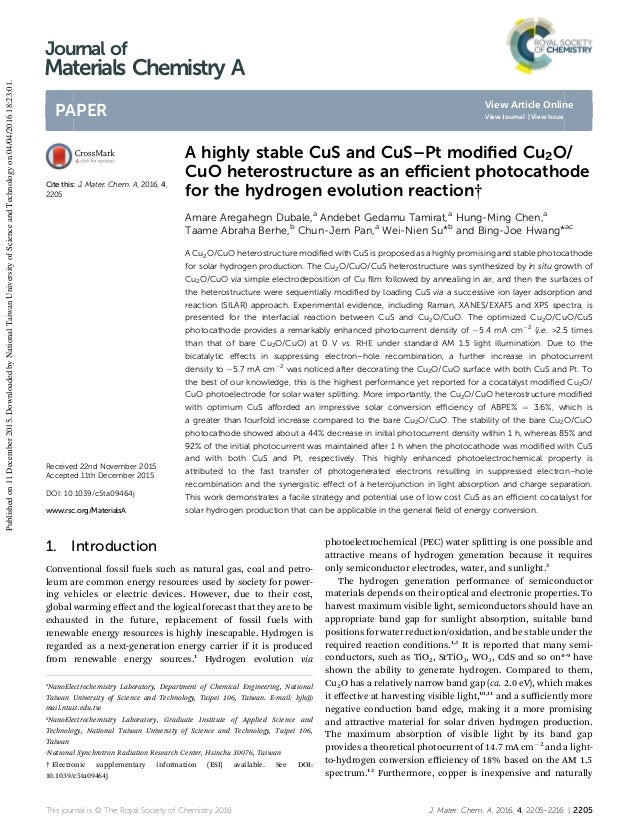 A Highly Stable Cus And Cus Pt Modified Cu2o Cuo Heterostructure As