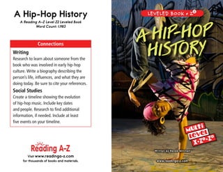 Visit www.readinga-z.com
for thousands of books and materials.
Writing
Research to learn about someone from the
book who was involved in early hip-hop
culture. Write a biography describing the
person’s life, influences, and what they are
doing today. Be sure to cite your references.
Social Studies
Create a timeline showing the evolution
of hip-hop music. Include key dates
and people. Research to find additional
information, if needed. Include at least
five events on your timeline.
Connections
A Hip-Hop History
A Reading A–Z Level Z2 Leveled Book
Word Count: 1,983
www.readinga-z.com
LEVELED BOOK • Z2
2
X•Z
1 •Z
2
A
A H
HIP-
IP-H
HOP
OP
H
HISTORY
ISTORY
Written by Renee Mitchell
 