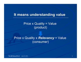 The LEE Group, MI LLC June 12, 2013
Price x Quality = Value
(product)
Price x Quality x Relevancy = Value
(consumer)
5
It means understanding value
 