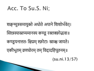 शक्र्न
् मूत्रसमायुक्ते अधोते अपाने शशशोर्भवेेत्
स्विन्नस्यास्नाप्यमानस्य कण्ड
ू रक्तक्फ़ोद्भेा॥
कण्ड
ू यनात्ततः शिप्रम् स्फ़ोटाः स्राव्श्च जायते
एकीर्भूतम् व्रणघोरम् तम् शेद्दादशिपूतनम्॥
(su.ni.13/57)
 