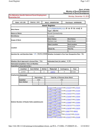 Asset Register                                                                                                                  Page 1 of 2



                                                                                                                        Govt. of India
                                                                                                      Ministry of Rural Development
                                                                                                   Department of Rural Development
The Mahatma Gandhi National Rural Employment
                                                                                                            Monday, December 10, 2012
Guarantee Act


          State : म य     दे श        District : सतना              Block : AMARPATAN                     Panchayat : AHIRGAON

                                                            Asset      Register 

    Work Name
                                                                       (1712006039/RC/12) जी एस बी रोड तरवाई से
                                                                       धतुआ अ हरगॉव  
    Nature of Work                                                     Rural Connectivity
    WorkStatus                                                         Completed

                                                                           Start Status                     End Status
    Scope of Work
                                                                           Earthern road                    Sand Moram

                                                                           Start Location                   End Location
                                                                                                            AHIRGAON
    Location
                                                                           Khata No.                        Plot No.
                                                                           /                                /

    Sanction No. and Sanction Date        : 14 , 04/01/2008            Whether Included in Five Year Perspective Plan           : No

                                                                        
    Whether Work Approved in Annual Plan             : Yes             Estimated Cost (In Lakhs)         : 4.94
    Estimated Completion Time (in Months)                              6 
    Expenditure Incurred (in Rs.)

                     Unskilled        Semi-Skilled         Skilled             Material      Contingency            Total

                     237447                0                  0                 239757             0              477204     
    Employment Generated

                                               Pesrondays                       Total No. of Persons Given Work

                 Unskilled                          3409                                     599
                 Semi-Skilled                        0                                        0
                                                     0                                        0


                                                                       271521(3168),271522(3168),271523(3168),271524
                                                                       (3168),271525(3168),
                                                                       271526(3168),271527(3168),271528(3168),271529
                                                                       (2772),271530(1980),
                                                                       272051(3168),272052(3168),272053(2376),272054
                                                                       (2376),272055(3168),
                                                                       272056(2376),272057(3168),272058(3168),272059
                                                                       (3168),272060(3168),
                                                                       272061(3168),272062(3168),272063(3168),272064
                                                                       (2772),272065(2772),
    Distinct Number of Muster Rolls used(Amount)                       272066(2772),272067(3168),272068(3168),272069
                                                                       (3168),272070(3168),
                                                                       272071(3168),272072(3168),272073(2772),272074
                                                                       (3168),272075(3168),
                                                                       272076(3168),272077(3168),272078(3168),272079
                                                                       (3168),272080(2772),
                                                                       71079(5796),71081(34450),71082(7452),80932
                                                                       (16560),80933(14904),
                                                                       80935(4761),271531(1584),271532(3168),271533
                                                                       (6608),271534(2376),
                                                                       271535(3168),271536(3168),271537(3168),271538




http://164.100.112.66/netnrega/writereaddata/citizen_out/WA_1712006_1712006039_R...                                             12/10/2012
 