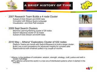 2<br />2007 Research Team Builds a 4 node Cluster<br />Subset of Click Stream and EDW data<br />Innovation with Mobius Que...
