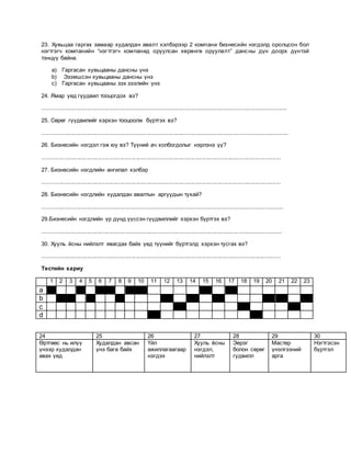 23. Хувьцаа гаргах замаар худалдан авалт хэлбэрээр 2 компани бизнесийн нэгдэлд оролцсон бол
нэгтгэгч компанийн “нэгтгэгч компанид оруулсан хөрөнгө оруулалт” дансны дүн доорх дүнтэй
тэнцүү байна.
a) Гаргасан хувьцааны дансны үнэ
b) Эзэмшсэн хувьцааны дансны үнэ
c) Гаргасан хувьцааны зэх зээлийн үнэ
24. Ямар үед гүүдвил тооцогдох вэ?
.........................................................................................................................................................
25. Сөрөг гүүдвилийг хэрхэн тооцоолж бүртгэх вэ?
..........................................................................................................................................................
26. Бизнесийн нэгдэл гэж юу вэ? Түүний ач холбогдолыг нэрлэнэ үү?
.....................................................................................................................................................
27. Бизнесийн нэгдлийн ангилал хэлбэр
.....................................................................................................................................................
28. Бизнесийн нэгдлийн худалдан авалтын аргуудын тухай?
.......................................................................................................................................................
29.Бизнесийн нэгдлийн үр дүнд үүссэн гүүдвиллийг хэрхэн бүртгэх вэ?
......................................................................................................................................................
30. Хууль ёсны нийлэлт явагдах байх үед түүнийг бүртгэлд хэрхэн тусгах вэ?
.....................................................................................................................................................
Тестийн хариу
1 2 3 4 5 6 7 8 9 10 11 12 13 14 15 16 17 18 19 20 21 22 23
a
b
c
d
24 25 26 27 28 29 30
Өртгөөс нь илүү
үнээр худалдан
авах үед
Худалдан авсан
үнэ бага байх
Үйл
ажиллагаагаар
нэгдэх
Хууль ёсны
нэгдэл,
нийлэлт
Эерэг
болон сөрөг
гудвилл
Мастер
үнэлгээний
арга
Нэгтгэсэн
бүртгэл
 