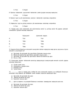 А. Үнэн Б. Худал
8. Орлогын тайлангийн үзүүлэлтийг тайлангийн үеийн дундаж ханшаар хөрвүүлнэ.
А. Үнэн Б. Худал
9. Хэмжих гэдэг нь үйл ажиллагааны валютыг тайлангийн валютаар илэрхийлэх
А. Үнэн Б. Худал
10. Хөрвүүлэх гэдэг нь дотоод валютыг үйл ажиллагааны валютаар илэрхийлэх
А. Үнэн Б. Худал
11. Гадаад дахь охин компанийн үйл ажиллагааны валют нь дотоод валют ба дараах зүйлсийг
солилцооны дундаж ханшаар хөрвүүлнэ.
Борлуулалт Цалингийн зардал
А. Үгүй Үгүй
Б. Тийм Тийм
В. Үгүй Тийм
Г. Тийм Үгүй
12. Барилга болон барилгын элэгдлийг санхүүгийн тайланг хөрвүүлэх ямар аргын үед анхны түүхэн
ханшийг нь ашигладаг вэ?
a) Эргэлтийн ба эргэлтийн бус арга болон Одоогийн ханшны арга
b) Мөнгөн ба мөнгөн бус арга болон одоогийн ханшны арга
c) Эргэлтийн ба эргэлийн бус арга болон Мөнгөн ба мөнгөн бус арга
d) Аль нь ч биш
13. Санхүүгийн тайланг тайлангийн валютад хөрвүүлэхдээ эзэмшигчдийн өмчийн хэсгийг дараах
ханшаар хөрвүүлдэг.
a) Тухайн үеийн ханш
b) Солилцооны дундаж ханш
c) Форвард ханш
d) Түүхэн ханш
14. ................. арга нь гадаад дахь салбар ба охин компанийн хөрөнгө, өр төлбөрийн балансын
ангиллаас илүү хөрөнгө, өр төлбөрийн шинж чанарыг үндэслэн хөрвүүлдэг арга.
a) Эргэлтийн ба эргэлтийн бус арга
b) Мөнгөн ба мөнгөн бус арга
c) Одоогийн ханшны арга
15. ...... арга нь хөрөнгө, эх үүсвэрийг балансын ангиллаас хамааруулан хөрвүүлэх арга юм.
a) Эргэлтийн ба эргэлтийн бус арга
b) Мөнгөн ба мөнгөн бус арга
c) Одоогийн ханшны арга
 