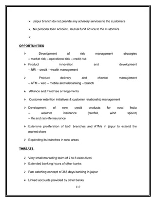  Jaipur branch do not provide any advisory services to the customers 
 No personal loan account , mutual fund advice to the customers 
 
OPPORTUNITIES 
 Development of risk management strategies 
– market risk – operational risk – credit risk 
 Product innovation and development 
– NRI – credit – wealth management 
 Product delivery and channel management 
– ATM – web – mobile and telebanking – branch 
 Alliance and franchise arrangements 
 Customer retention initiatives & customer relationship management 
 Development of new credit products for rural India 
– weather insurance (rainfall, wind speed) 
– life and non-life insurance 
 Extensive proliferation of both branches and ATMs in jaipur to extend the 
market share 
 Expanding its branches in rural areas 
THREATS 
 Very small marketing team of 7 to 8 executives 
 Extended banking hours of other banks 
 Fast catching concept of 365 days banking in jaipur 
 Linked accounts provided by other banks 
117 
 