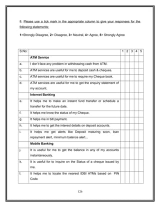 8. Please use a tick mark in the appropriate column to give your responses for the 
following statements: 
1=Strongly Disagree, 2= Disagree, 3= Neutral, 4= Agree, 5= Strongly Agree 
S.No: 1 2 3 4 5 
ATM Service 
a. I don’t face any problem in withdrawing cash from ATM. 
b. ATM services are useful for me to deposit cash & cheques. 
c. ATM services are useful for me to require my Cheque book. 
d. ATM services are useful for me to get the enquiry statement of 
my account. 
Internet Banking 
e. It helps me to make an instant fund transfer or schedule a 
transfer for the future date. 
f. It helps me know the status of my Cheque. 
g. It helps me in bill payment. 
h. It helps me to get the interest details on deposit accounts. 
i. It helps me get alerts like Deposit maturing soon, loan 
repayment alert, minimum balance alert... 
Mobile Banking 
j. It is useful for me to get the balance in any of my accounts 
instantaneously. 
k. It is useful for to inquire on the Status of a cheque issued by 
me. 
l. It helps me to locate the nearest IDBI ATMs based on PIN 
Code 
126 
 