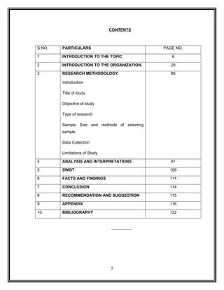 CONTENTS 
S.NO. PARTICULARS PAGE NO. 
1 INTRODUCTION TO THE TOPIC 6 
2 INTRODUCTION TO THE ORGANIZATION. 26 
3 RESEARCH METHODOLOGY 
Introduction 
Title of study 
Objective of study 
Type of research 
Sample Size and methods of selecting 
sample 
Data Collection 
Limitations of Study 
86 
4 ANALYSIS AND INTERPRETATIONS 91 
5 SWOT 106 
6 FACTS AND FINDINGS 111 
7 CONCLUSION 114 
8 RECOMMENDATION AND SUGGESTION 115 
9 APPENDIX 116 
10 BIBLIOGRAPHY 122 
5 
 