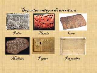 Soportes antigos de escritura
Pedra Arxila Cera
Madeira Papiro Pergamiño
 