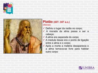 Platão (427- 347 a.c.)
(Atenas)
 Definiu o lugar da razão no corpo;
 A morada da alma passa a ser a
cabeça;
 A alma era separada do corpo;
 A medula óssea era o ponto de ligação
entre a alma e o corpo;
 Após a morte a matéria desaparecia e
a alma tornava-se livre para habitar
outro corpo
 