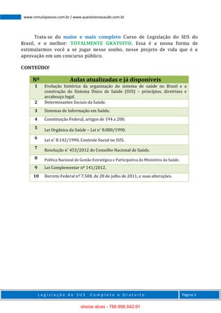 L e g i s l a ç ã o d o S U S C o m p l e t o e G r a t u i t o Página 3
www.romulopassos.com.br / www.questoesnasaude.com.br
Trata-se do maior e mais completo Curso de Legislação do SUS do
Brasil, e o melhor: TOTALMENTE GRATUITO. Essa é a nossa forma de
estimularmos você a se jogar nesse sonho, nesse projeto de vida que é a
aprovação em um concurso público.
CONTEÚDO!
Nº Aulas atualizadas e já disponíveis
1 Evolução histórica da organização do sistema de saúde no Brasil e a
construção do Sistema Único de Saúde (SUS) – princípios, diretrizes e
arcabouço legal.
2 Determinantes Sociais da Saúde.
3 Sistemas de Informação em Saúde.
4 Constituição Federal, artigos de 194 a 200.
5
Lei Orgânica da Saúde – Lei n˚ 8.080/1990.
6
Lei n˚ 8.142/1990. Controle Social no SUS.
7
Resolução n˚ 453/2012 do Conselho Nacional de Saúde.
8 Política Nacional de Gestão Estratégica e Participativa do Ministério da Saúde.
9 Lei Complementar nº 141/2012.
10 Decreto Federal nº 7.508, de 28 de julho de 2011, e suas alterações.
sheise alves - 766.998.542-91
 