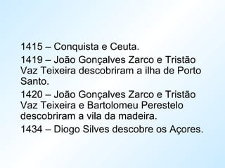 1415 – Conquista e Ceuta.
1419 – João Gonçalves Zarco e Tristão
Vaz Teixeira descobriram a ilha de Porto
Santo.
1420 – João Gonçalves Zarco e Tristão
Vaz Teixeira e Bartolomeu Perestelo
descobriram a vila da madeira.
1434 – Diogo Silves descobre os Açores.
 