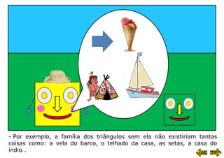 - Por exemplo, a família dos triângulos sem ela não existiriam tantas
coisas como: a vela do barco, o telhado da casa, as setas, a casa do
índio…
 