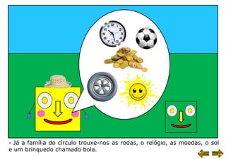 - Já a família do círculo trouxe-nos as rodas, o relógio, as moedas, o sol
e um brinquedo chamado bola.
 