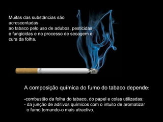 Muitas das substâncias são acrescentadas ao tabaco pelo uso de adubos, pesticidas e fungicidas e no processo de secagem e cura da folha. A composição química do fumo do tabaco depende : -combustão da folha do tabaco, do papel e colas utilizadas; - da junção de aditivos químicos com o intuito de aromatizar  o fumo tornando-o mais atractivo. 